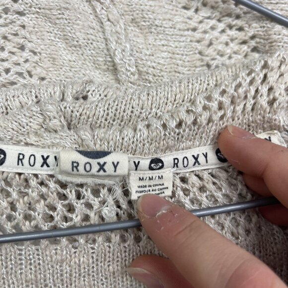 Roxy Hoodie Sweater Women M Cream V-neck Crochet Knit Boho Beach Surf Y2K - Picture 10 of 15